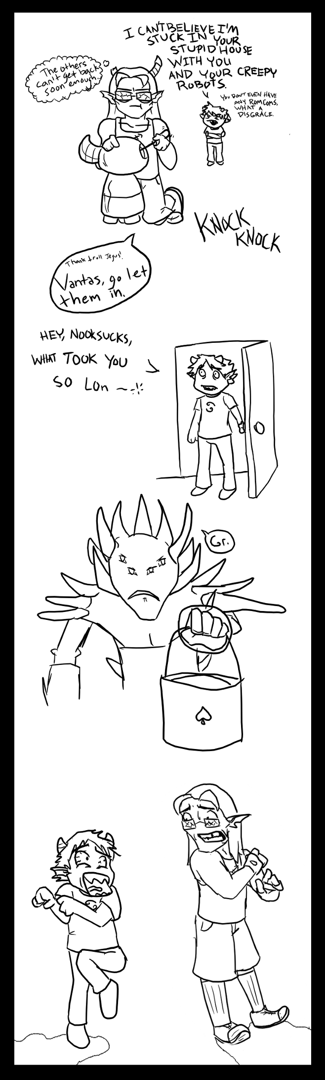 bucket comic equius_zahhak grayscale imperial_drone karkat_vantas lineart source_needed sourcing_attempted word_balloon