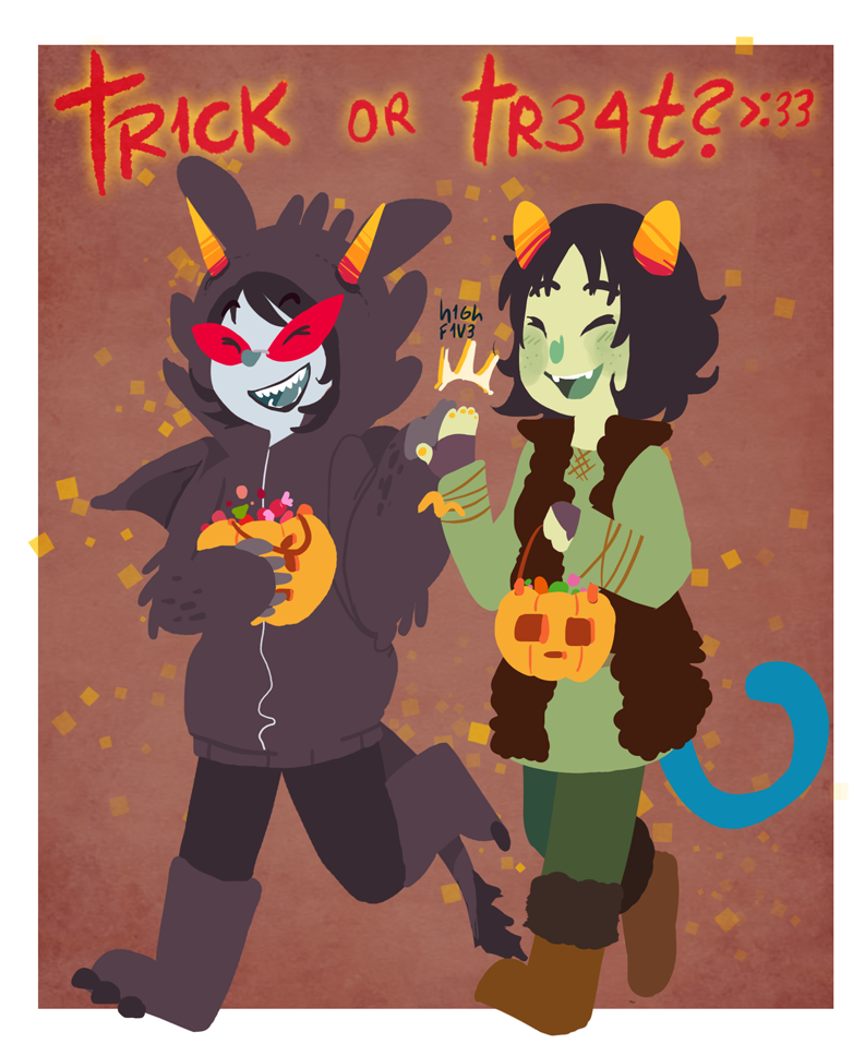 blush bromance cosplay crossover halloweenstuck high_five how_to_train_your_dragon mimi nepeta_leijon no_hat pumpkin scratch_and_sniff terezi_pyrope