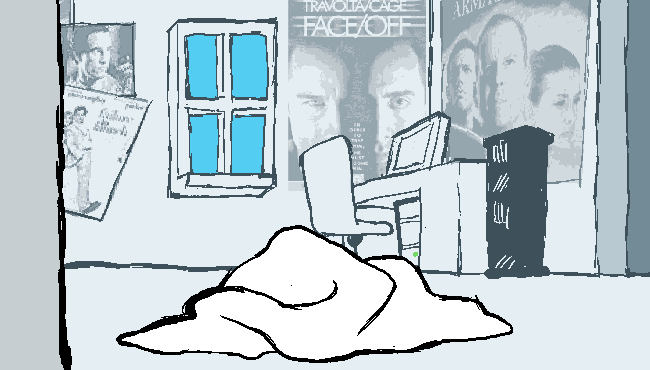 2025 animated bug-kid-benny computer fullres head_out_of_frame homestuck:_the_animated_pilot jaggy_lines john_egbert low_angle pastiche solo starter_outfit wip