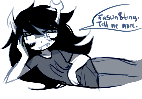 grayscale lineart lying no_glasses solo source_needed starter_outfit text vriska_serket word_balloon