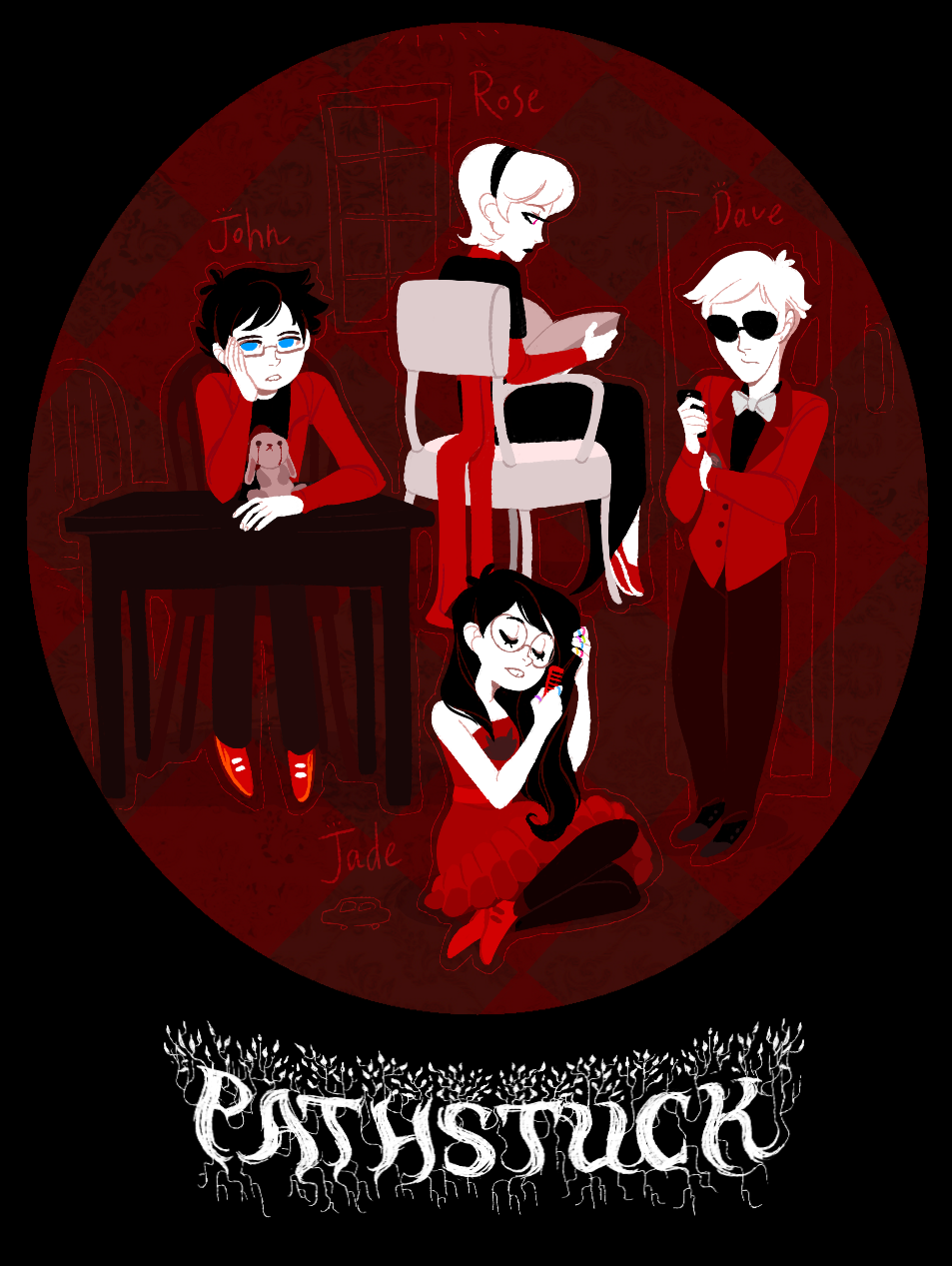 beta_kids black_squiddle_dress book crossover dave_strider dress_of_eclectica jade_harley john's_vriska_outfit john_egbert limited_palette red_plush_puppet_tux rose_lalonde styling_hair the_path xamag
