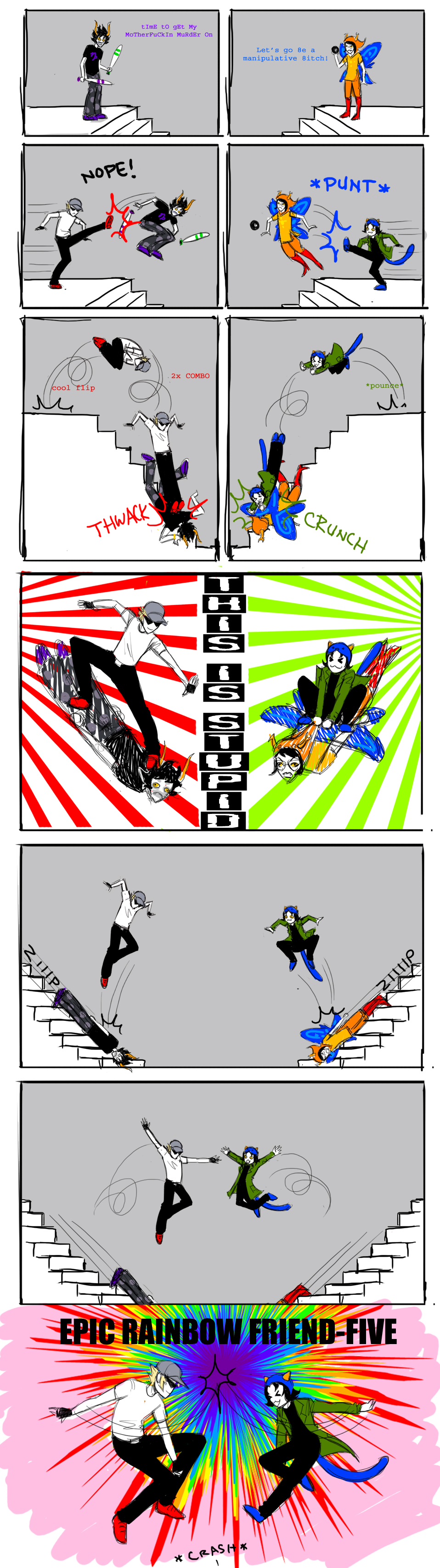 2011 8_ball bro bromance comic deuce_clubs fullres gamzee_makara godtier high_five jigenbakudan light_aspect nepeta_leijon rainbow stairs starter_outfit strife text thief this_is_stupid vriska_serket
