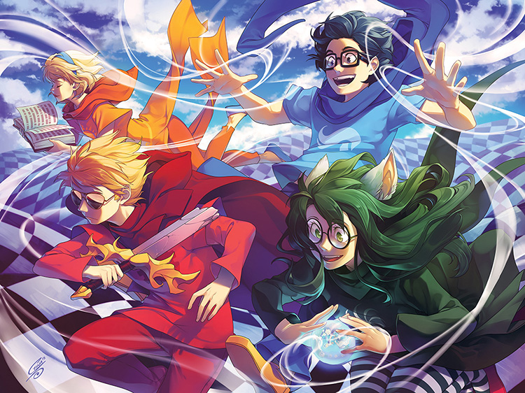 battlefield beta_kids book breath_aspect clouds dave_strider dogtier ginilla godtier heir jade_harley john_egbert knight light_aspect official_merch rose_lalonde royal_deringer seer space_aspect the_windy_thing time_aspect witch