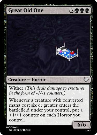 bed card crossover horrorterrors jade_harley lunchtop magic_the_gathering sleeping sprite_mode squiddles starter_outfit text