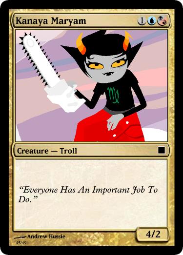 alternia card chainsaw crossover cybernerd129 high_angle kanaya_maryam lusus magic_the_gathering solo starter_outfit text virgin_mother_grub weapon