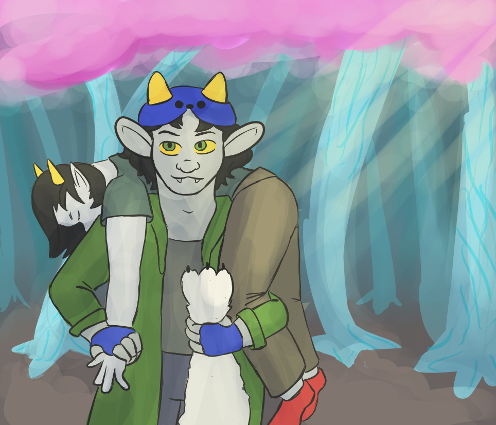 carrying fanfic_art insecureauthor nepeta_leijon no_glasses scratch_and_sniff shipping terezi_pyrope trees