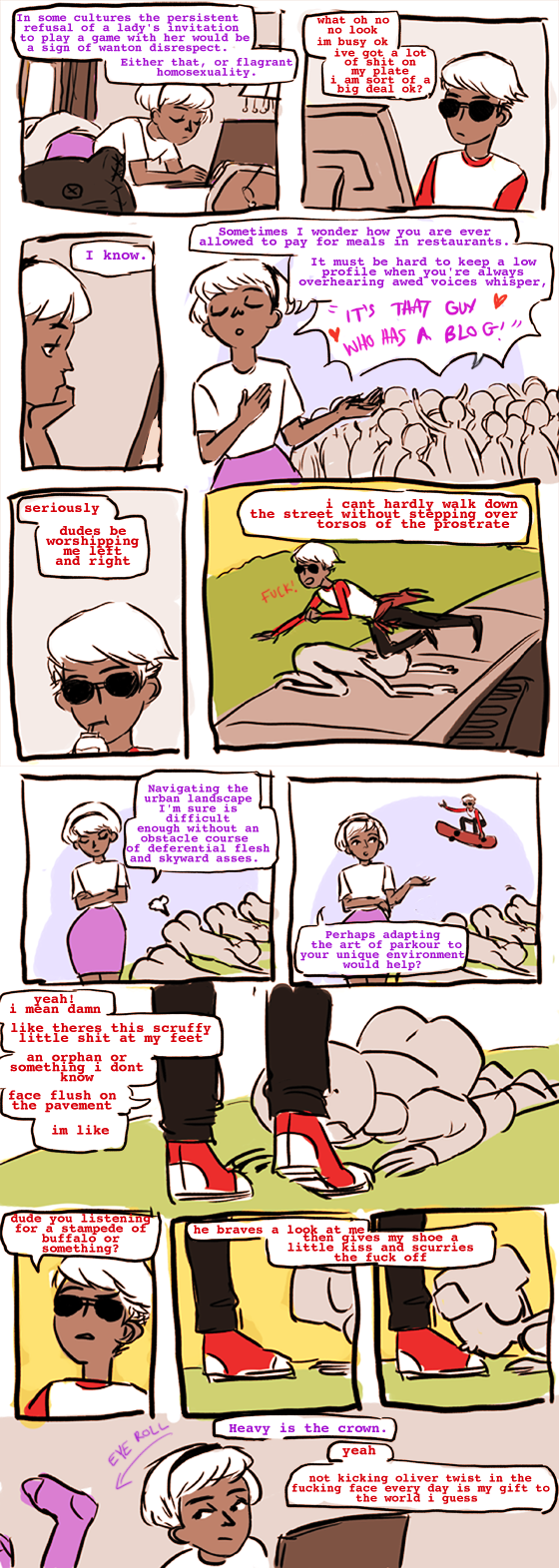 buttocksmcgee comic computer dave_strider deleted_source inexact_source pesterlog red_baseball_tee rose_lalonde skateboard starter_outfit text word_balloon