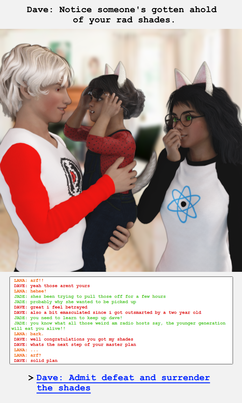 3d animal_ears breedingduties dave_strider dogtier fanoffspring glasses_added jade_harley no_glasses nsfwsource red_baseball_tee redrom shipping spacetime text