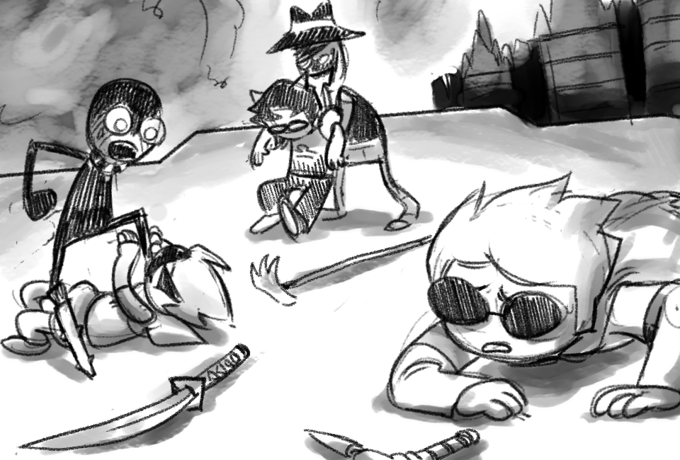 2016 artificial_limb caledfwlch clouds dave_strider dragon_cane eyepatch fedora fullres godtier grayscale hat heart_aspect jack_noir knight land_of_tombs_and_krypton lying on_stomach poinko prince roboslick sketch spades_slick starter_outfit strife time_aspect unbreakable_katana union_jack