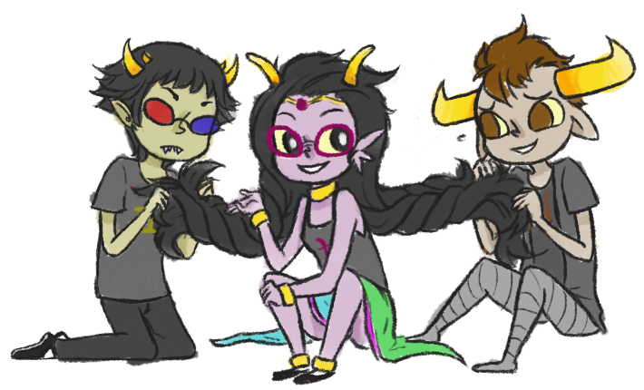 alternate_hair broken_source deleted_source feferi_peixes multishipping palerom queen_bee redrom rolling_in_the_deep shipping sitting sollux_captor styling_hair tavros_nitram witch-of-derp