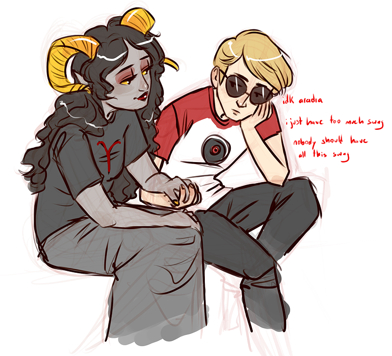 aradia_megido dave_strider double_time holding_hands palerom red_baseball_tee request shipping sitting starter_outfit text yoccu