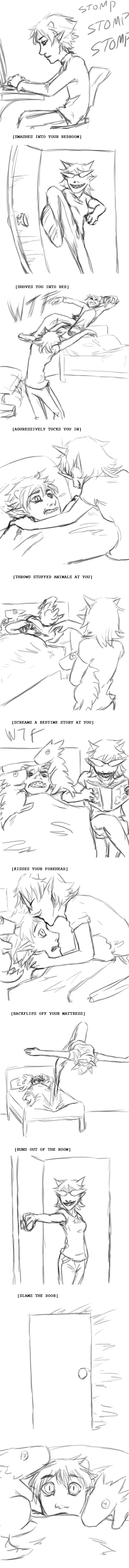 adorabloodthirsty comic grayscale karkat_vantas kiss lineart night-of-void parody redrom scalemates shipping smashes_into_your_bedroom terezi_pyrope text