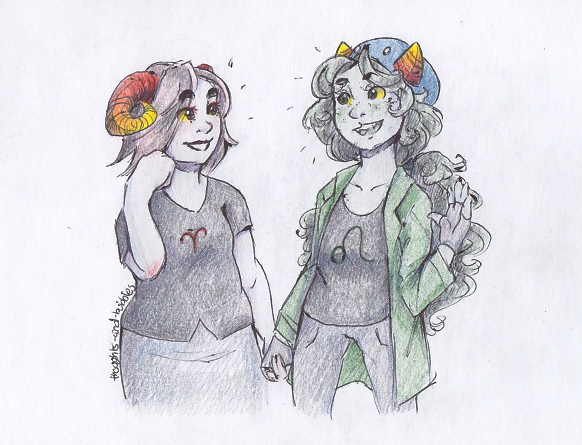 alternate_hair aradia_megido blush freckles holding_hands lion_tamer nepeta_leijon redrom shipping thoughts-and-bubbles