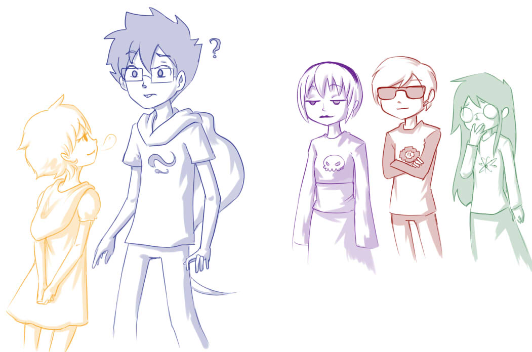 ? age_discrepancy arms_crossed beta_kids black_squiddle_dress breath_aspect casey dave_strider godtier heir humanized jade_harley john_egbert paradoxjelli red_baseball_tee rose_lalonde shipping starter_outfit