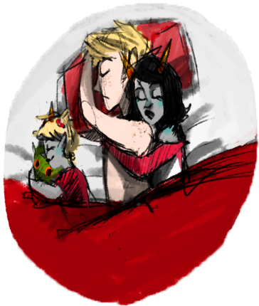 artist_needed bed clothingswap coolkids dave_strider fanfic_art fanoffspring no_glasses red_baseball_tee redrom reverse_hug shipping sleeping terezi_pyrope transparent
