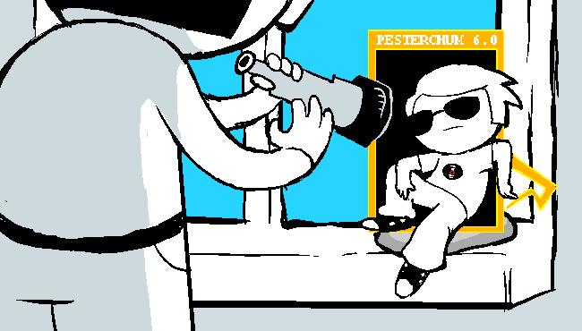 2025 bug-kid-benny dave_strider fullres homestuck:_the_animated_pilot jaggy_lines john_egbert panel_redraw pastiche phone sitting starter_outfit telescope word_balloon