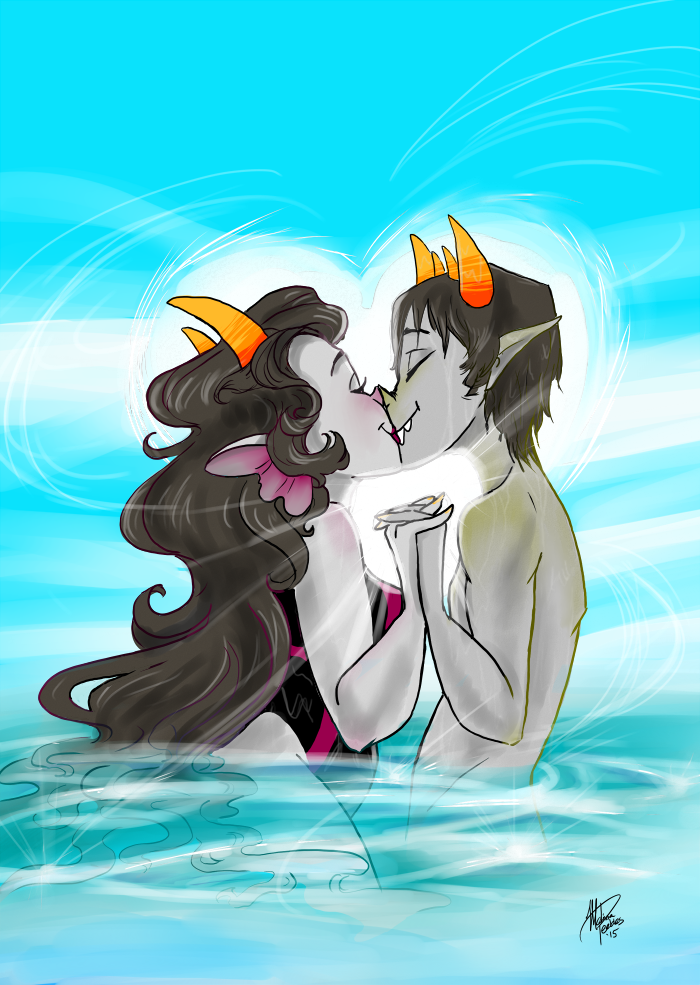 blush dragonnova feferi_peixes heart holding_hands land_of_dew_and_glass no_glasses no_hat no_shirt queen_bee redrom shipping sollux_captor swimsuit