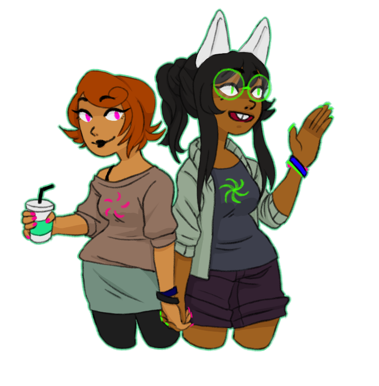 beverage dogtier fashion holding_hands jade_harley knightlystride redrom roxy_lalonde shipping transparent witches_brew