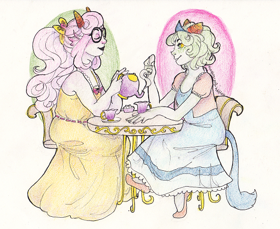 alternate_hair beverage crown fashion feferi_peixes formal freckles nepeta_leijon no_hat octopussy redrom shipping sitting thoughts-and-bubbles