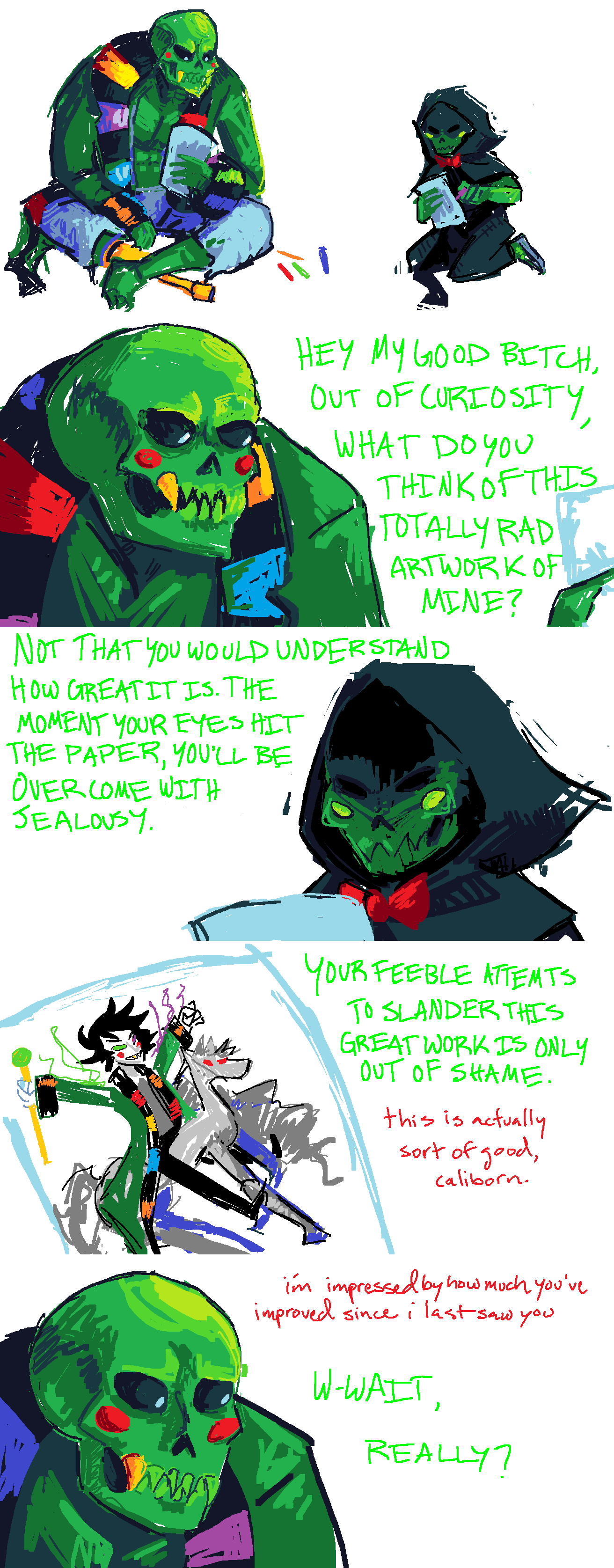 2018 alternate_calliope artificial_limb broken_source bromance cairo_overcoat caliborn's_self-insert comic elucidativeillusionist fullres godtier golden_cuestaff illustrating jaggy_lines lord lord_english muse sitting space_aspect text