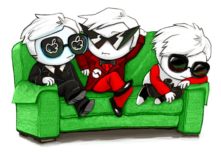 couch dave_strider four_aces_suited fruityrumpus ishades multiple_personas red_baseball_tee red_plush_puppet_tux solo timeclones
