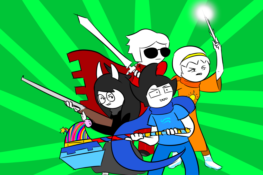 anonymous_artist beta_kids breath_aspect caledfwlch dave_strider dogtier godtier heir hunting_rifle jade_harley john_egbert knight light_aspect pose_as_a_team rose_lalonde seer space_aspect time_aspect warhammer_of_zillyhoo witch