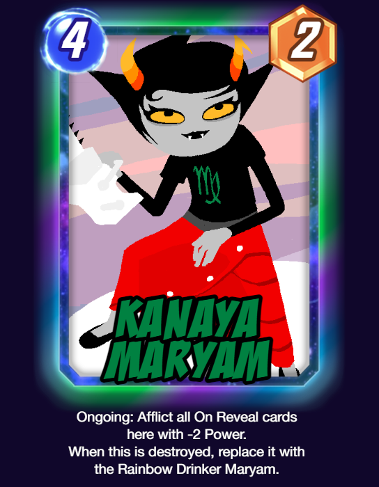alternia card chainsaw crossover high_angle kanaya_maryam lusus marvel marvel_snap native_source solo starter_outfit text virgin_mother_grub weapon