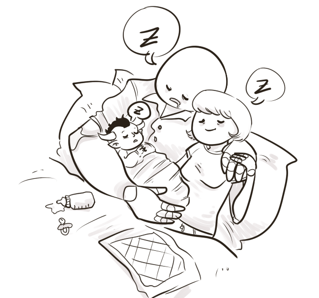 agpicklefeet arm_around_shoulder au babies bed beverage hb hearts_boxcars lineart nervous_broad no_hat palpitations problem_sleuth_(adventure) shipping sleeping stabdads