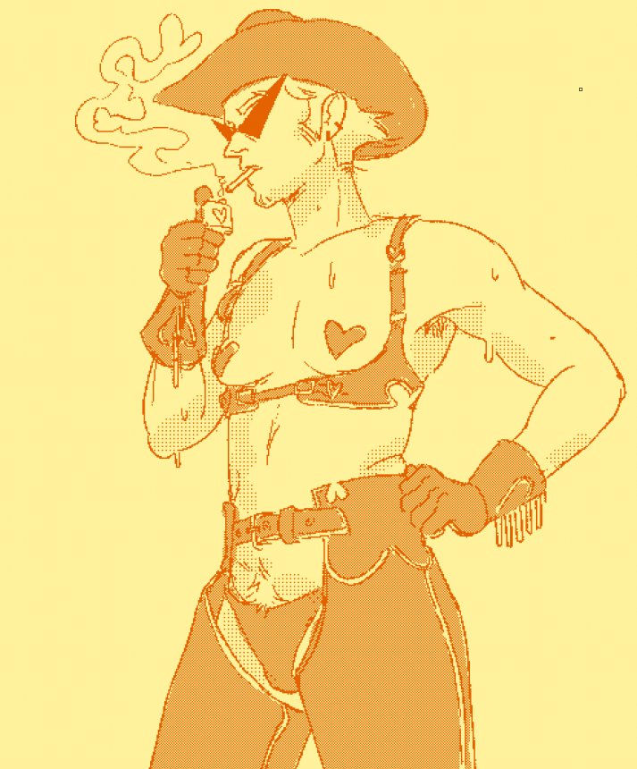 2025 body_hair body_modification cowboy_hat deleted_source dirk_strider docileroamer facial_hair fullres hat heart jaggy_lines monochrome no_shirt smoking solo sweat undergarments western