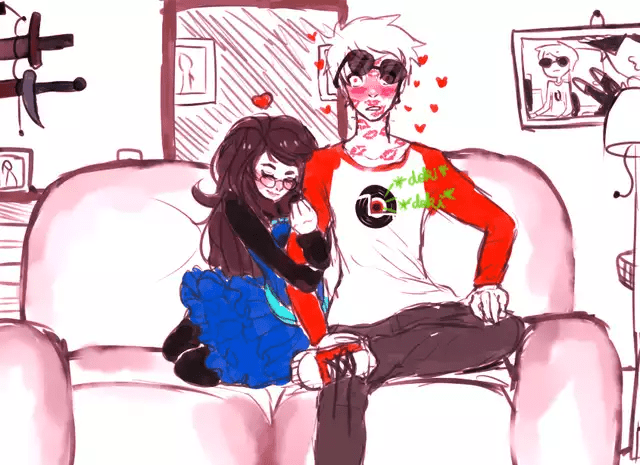 blush bro couch dave_strider dress_of_eclectica heart hug jade_harley katana lipstick_stains redrom shipping sitting source_needed sourcing_attempted spacetime starter_outfit sword text weapon