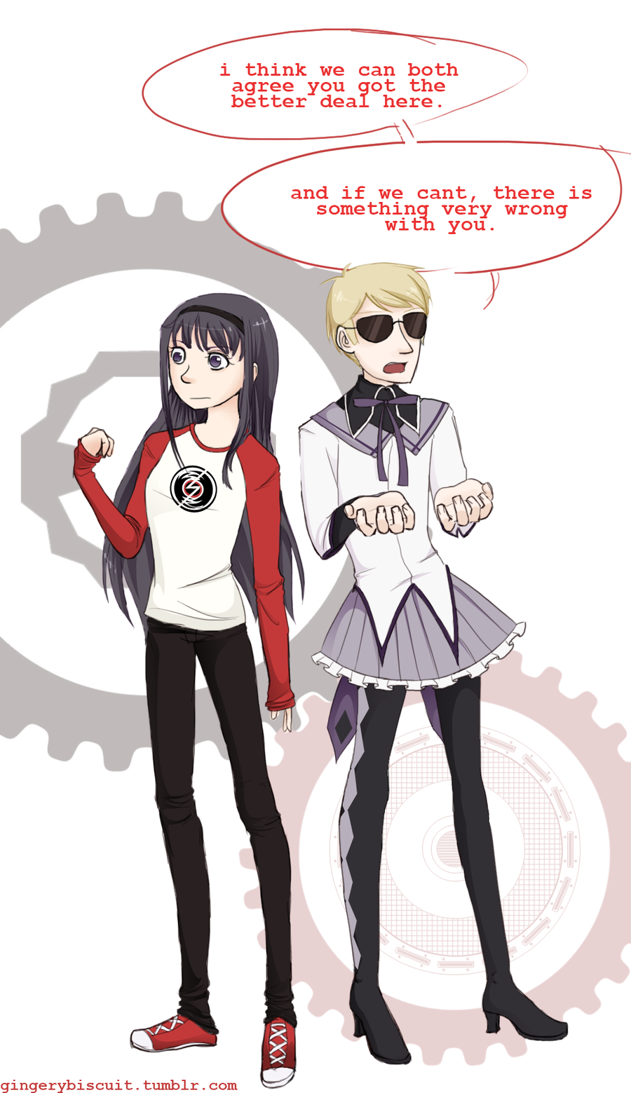 clothingswap crossdressing crossover dave_strider deleted_source gingerybiscuit madoka_magica red_baseball_tee word_balloon