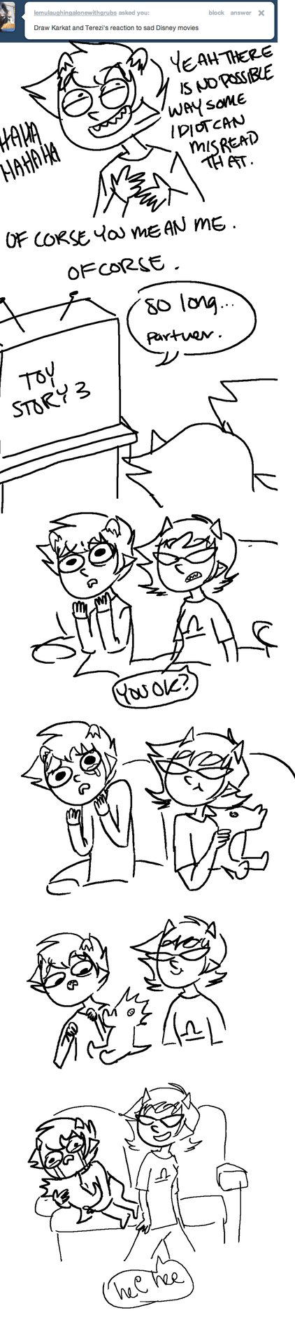 comic couch crossover crying disney grayscale hottang karkat_vantas lineart meme pixar scalemates smiling_karkat terezi_pyrope toy_story