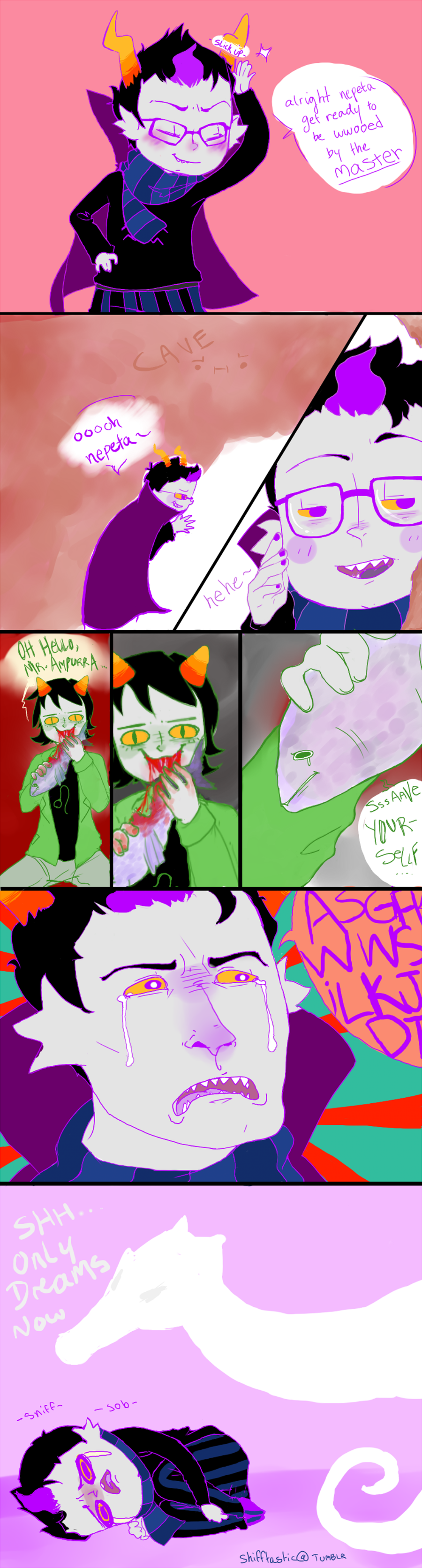 blood broken_source comic crying eridan_ampora lusus lying meat nepeta_leijon no_glasses no_hat ohgodwhat seahorsedad shifftastic starter_outfit text word_balloon