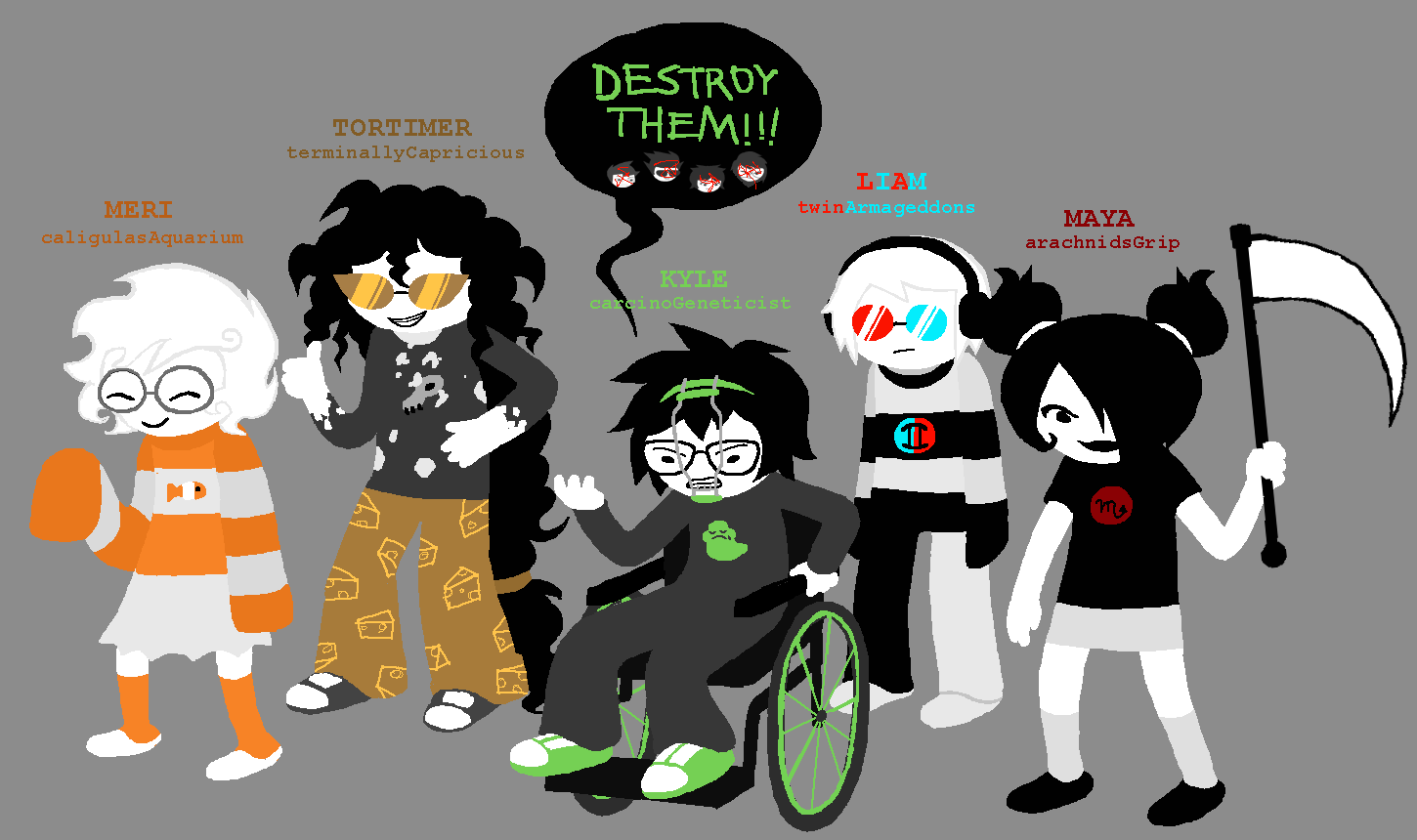 2025 animated beta_kids dave_strider eridan_ampora fullres gamzee_makara jade_harley jaggy_lines john_egbert karkat_vantas mspandrew rose_lalonde scythe sitting sollux_captor speculative_design text vriska_serket wheelchair word_balloon zodiac_symbol