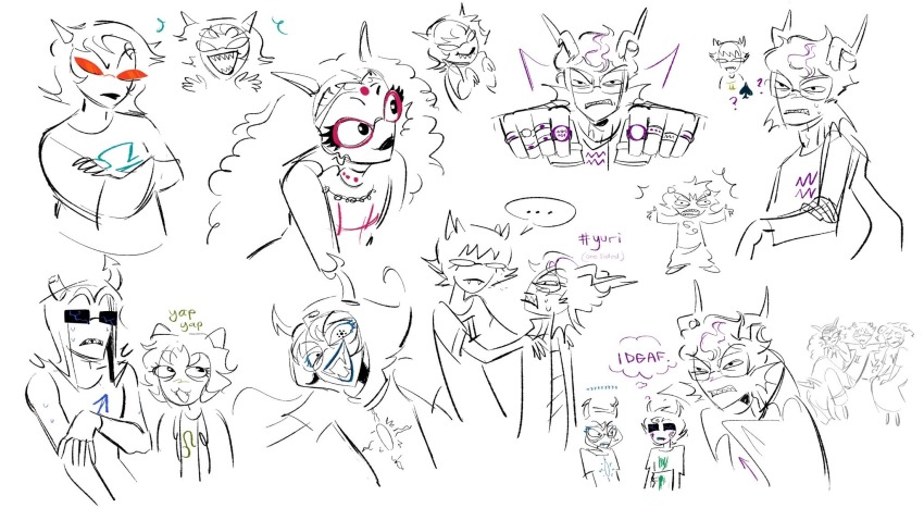 2024 ? aradia_megido arms_crossed art_dump blush equius_zahhak eridan_ampora feferi_peixes fullres gash_sash glasses_added godtier grayscale highlight_color kanaya_maryam karkat_vantas light_aspect melerbytes nepeta_leijon no_hat profile rainbow_drinker rule63 sitting sketch sollux_captor spade starter_outfit sweat terezi_pyrope text thief thought_balloon vriska_serket