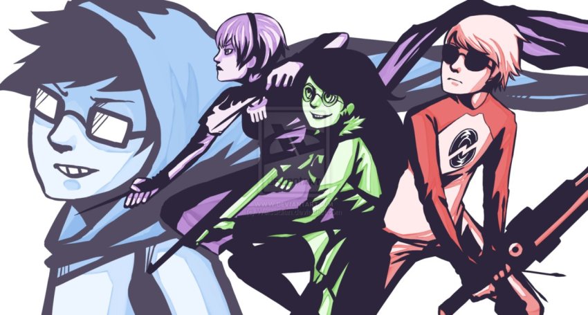 beta_kids black_squiddle_dress caledscratch dave_strider dress_of_eclectica godtier heir hunting_rifle jade_harley john_egbert limited_palette red_baseball_tee rose_lalonde squiddlejacket thorns_of_oglogoth watermark weissidian