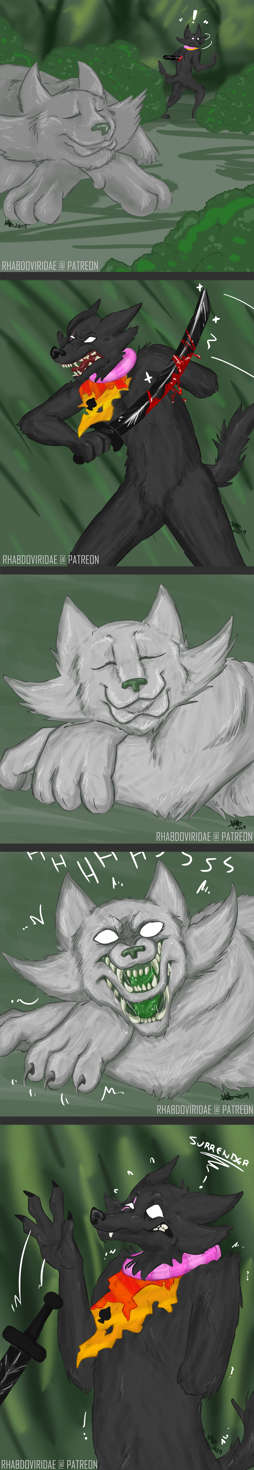 ! 2019 amputation arms_crossed back_angle bec_noir comic fullres impalement jack_noir lusus lying pounce_de_leon scars sleeping sovereign_slayer spade strife text trees unbreakable_katana wolftacos