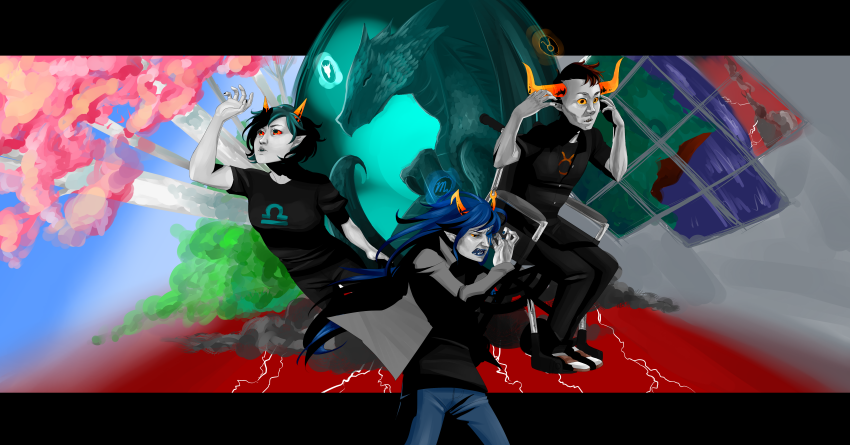 2012 dragonmom fullres hive ihatetolove lusus no_glasses seeing_terezi starter_outfit tavros_nitram terezi_pyrope trees vriska_serket wheelchair zodiac_symbol