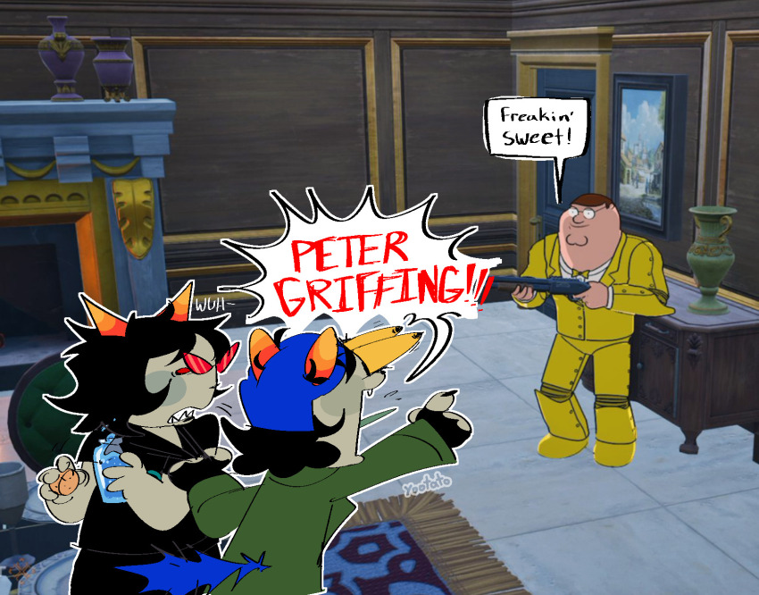 2024 beverage cat_hat claw_gloves crossover family_guy fortnite gun image_manipulation nepeta_leijon starter_outfit terezi_pyrope text word_balloon yootato