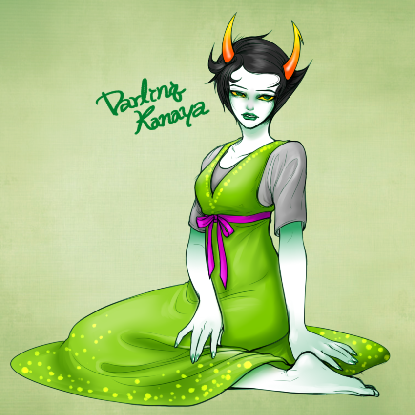 barefoot fashion kanaya's_green_dress kanaya_maryam kneeling rainbow_drinker solo star-bbee