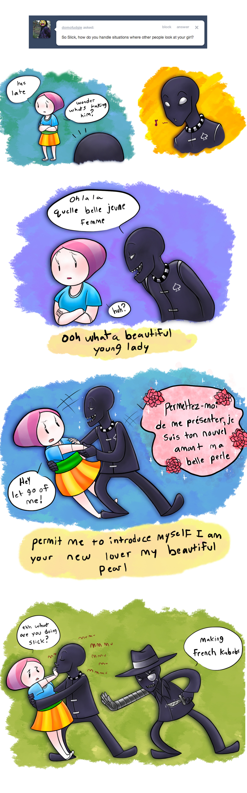 2012 agent_uniform archagent arms_crossed artificial_limb comic dubcon duckface eyepatch flowers fullres holding_hands jack_noir knife language:french ms_paint multiple_personas music_note noodle paint_it_black profile redrom scars shipping spade spades_slick text weapon word_balloon