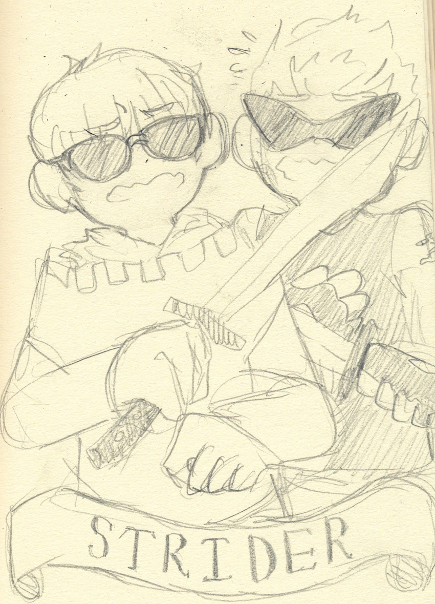 2013 banner body_modification cremena dave_strider dirk_strider fullres godtier grayscale katana knight monochrome pencil strong_tanktop text time_aspect