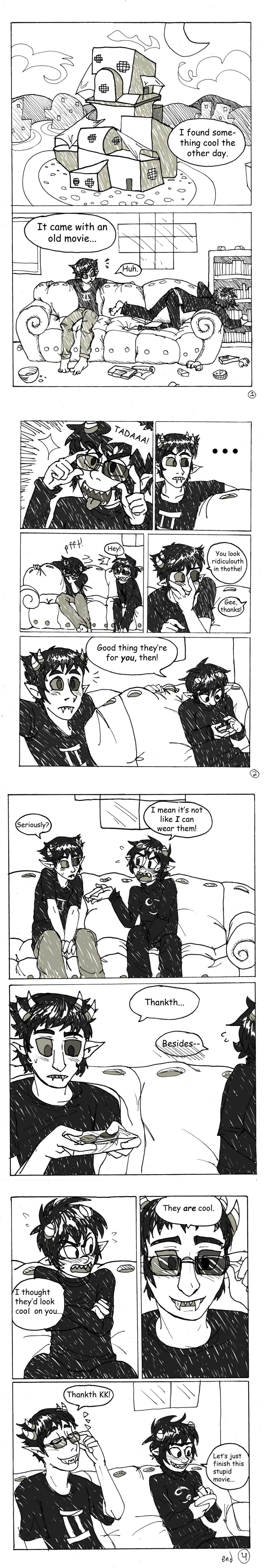 2012 alternia barefoot bluecrysto blush book bromance comic couch fullres gaming glasses_added grayscale karkat_vantas no_glasses shipping sitting smiling_karkat sollux_captor starter_outfit sweat text word_balloon