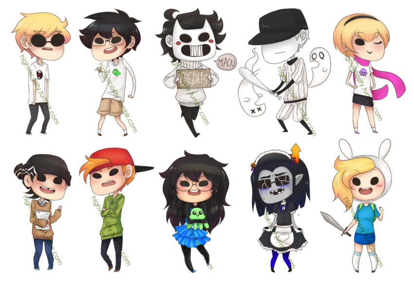 adventure_time arms_crossed beta_kids blush chibi crossdressing dave_strider dress_of_eclectica ed_edd_n_eddy equius_zahhak ghosts highviscosity jade_harley john_egbert off rose's_pink_scarf rose_lalonde saucy_maid_outfit squiddles starter_outfit sweat watermark wonk word_balloon