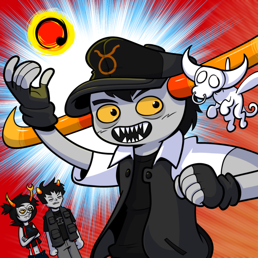 2018 arms_crossed casual cover_art crossover fiduspawn fullres hat karkat_vantas lusus nintendo parody poinko pok&eacute;mon tavros_nitram tinkerbull vriska_serket zodiac_symbol