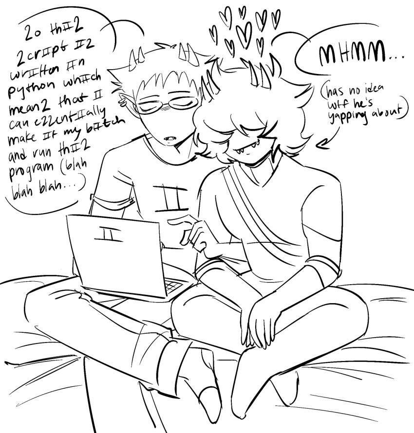 2024 ancest broconwhore captors computer dancestors fullres grayscale heart honey_mustard lineart mituna_captor no_hat redrom shipping sitting sollux_captor starter_outfit text word_balloon