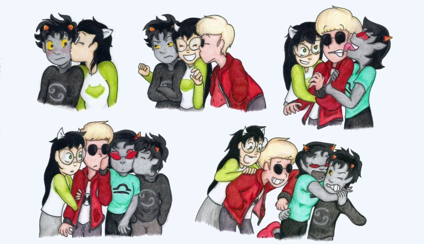adorabloodthirsty arms_crossed blush coolkids dave_strider dogtier hug jade_harley karkat_vantas kats_and_dogs kiss licking mislamicpearl multishipping palerom redrom shipping spacetime terezi_pyrope wonk