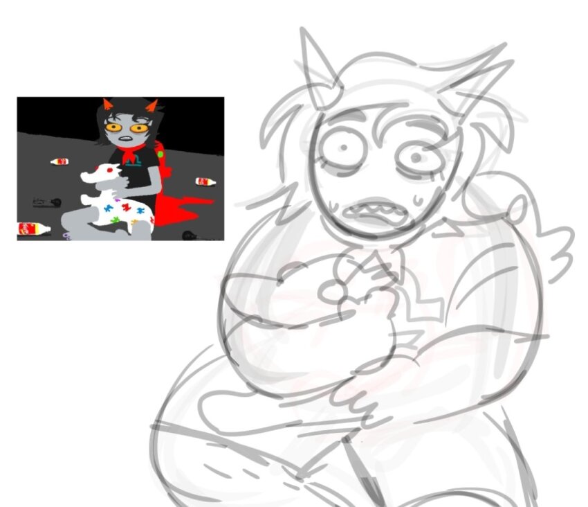 2026 chickdinners chubstuck fullres grayscale image_manipulation monochrome no_glasses panel_redraw pyralspite_scalemate scalemates seeing_terezi sitting sketch solo sweat terezi_pyrope