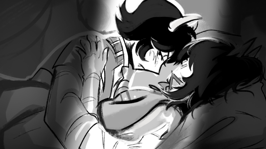 2023 ancestors blush fullres grayscale immaculate_perception lying monochrome near_kiss neophyte_redglare redrom shipping starter_outfit the_dolorosa voidlace