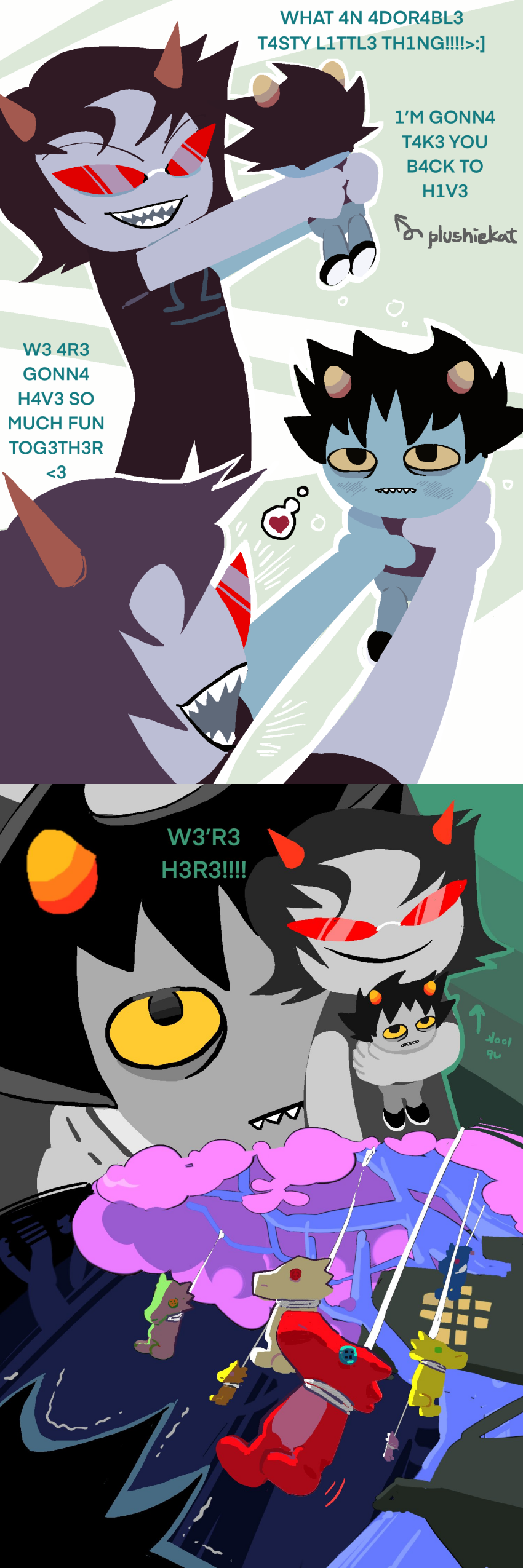 2026 adorabloodthirsty blush carrying comic darkredrice emoticon fullres heart hive jaggy_lines karkat_vantas noose plushie redrom scalemates shipping starter_outfit terezi's_hive terezi_pyrope text thought_balloon trees